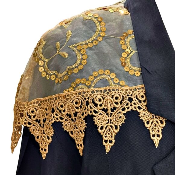 Vintage 80s Womens Black Double Breasted Blazer Size XL Gold Lace Embellishment - Picture 3 of 12